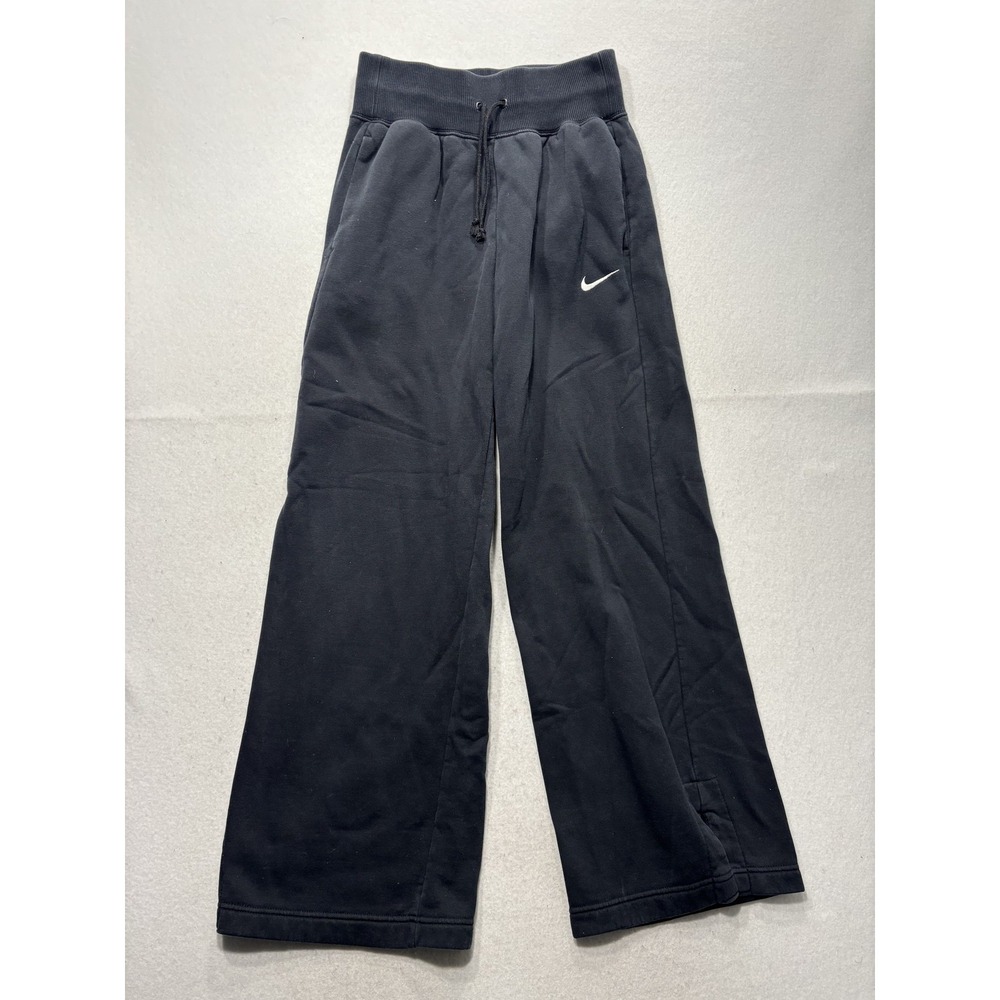 Nike Sweatpants Womens Small Gray Fleece Wide Leg Drawstring Logo Pockets Lounge